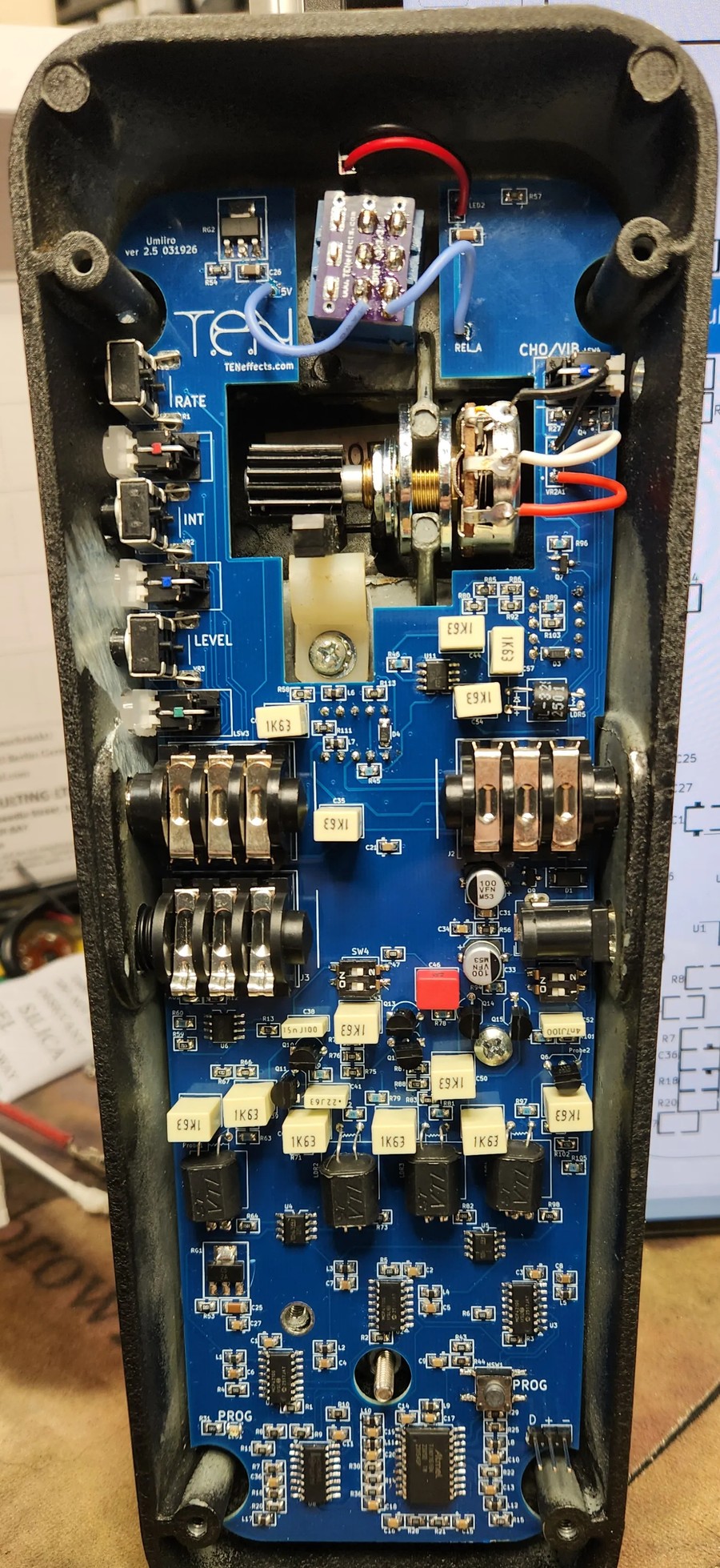 Bridge of Vibes circuit board, installed in the enclosure